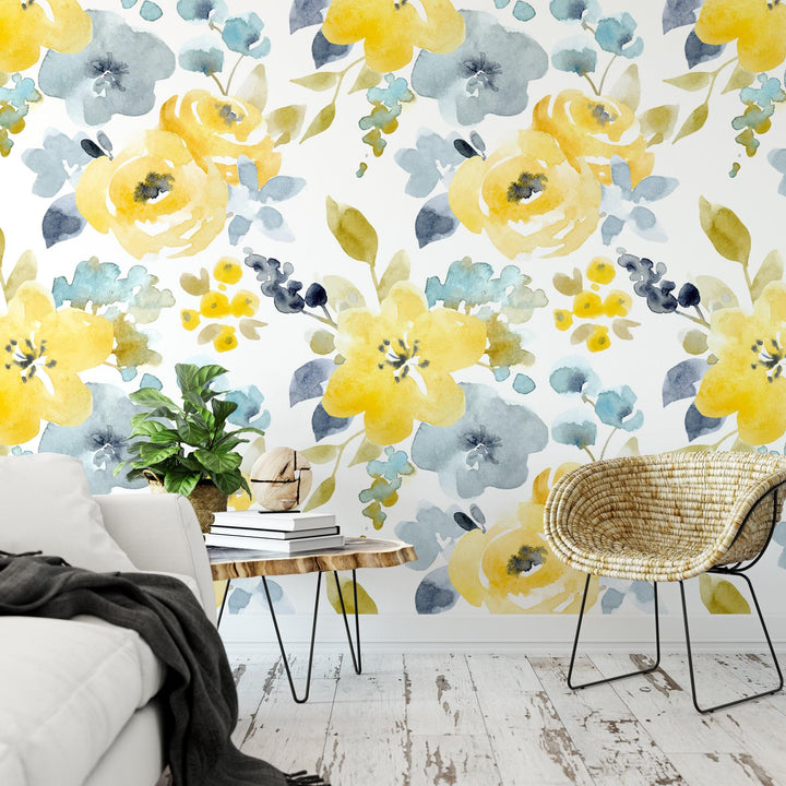 Watercolor Yellow Blue Floral Wallpaper MW1041