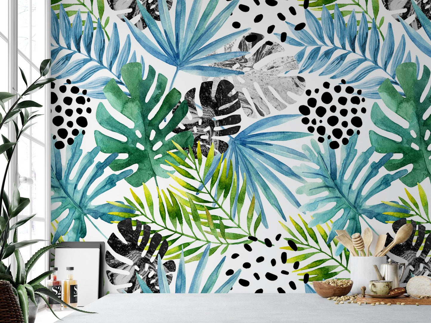 Tropical Floral Palm Leaf Wallpaper MW1001