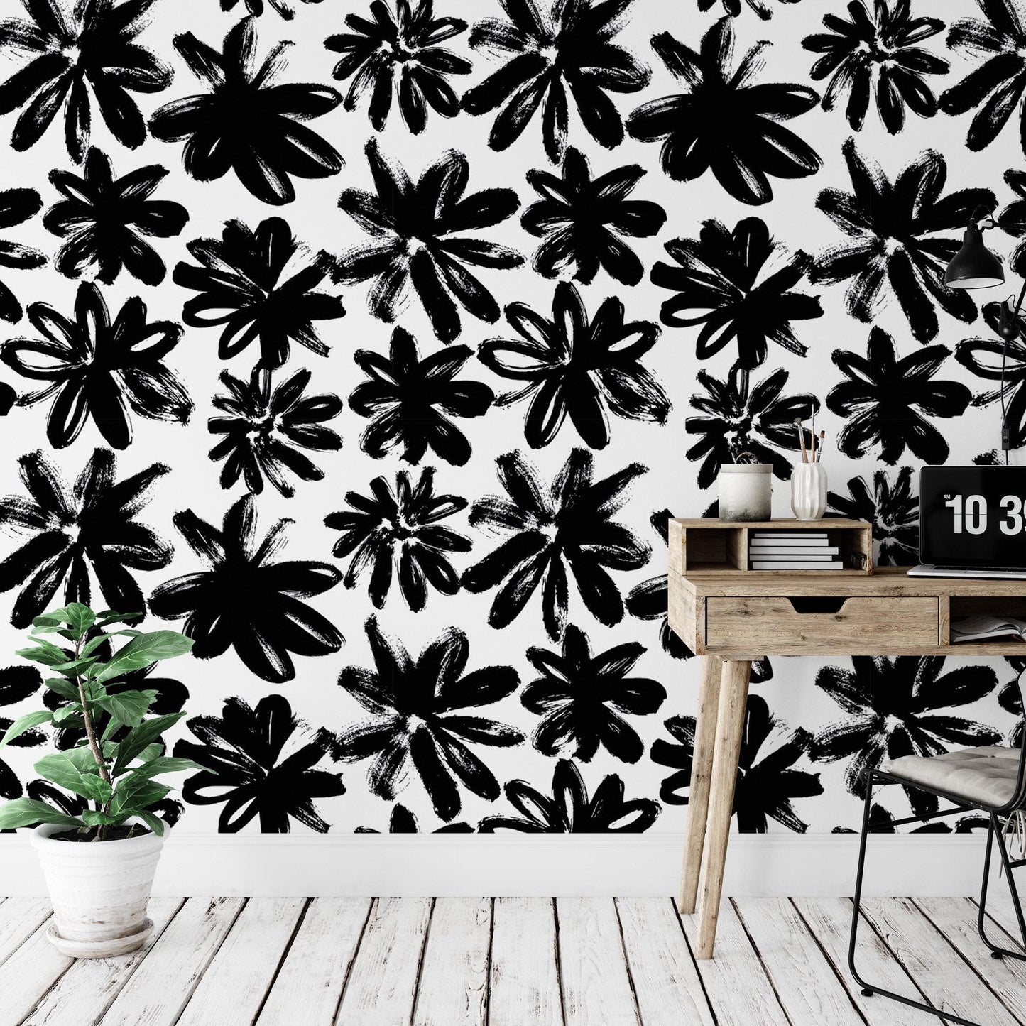 Hand Drawn Black Floral Wallpaper MW1751