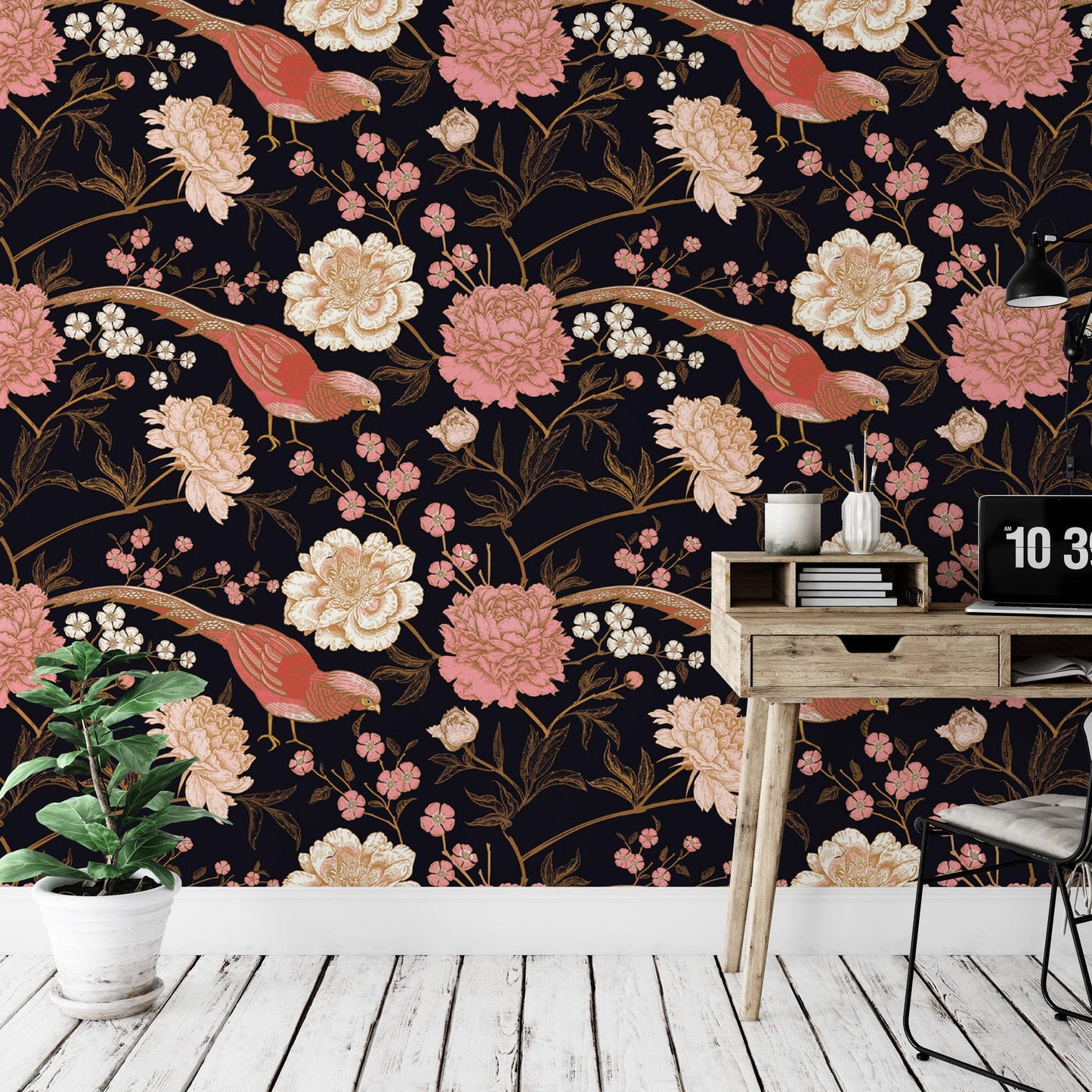 Pheasants Peonies on Black Wallpaper MW1474