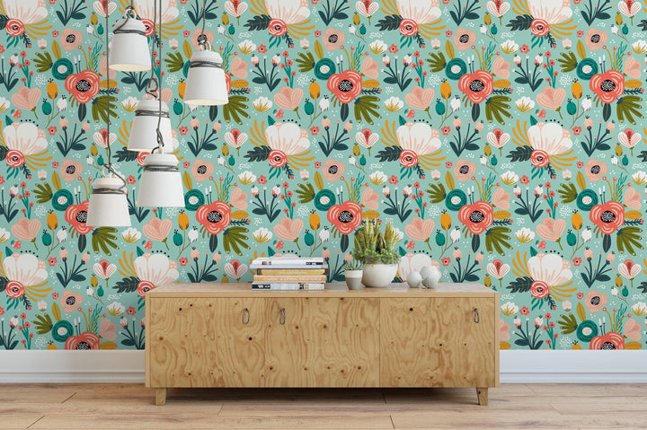 Large Peach and Teal Floral Wallpaper MW1216sm