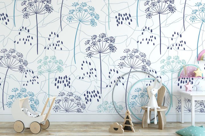 Blue Purple Dainty Flowers on White Wallpaper MW1437