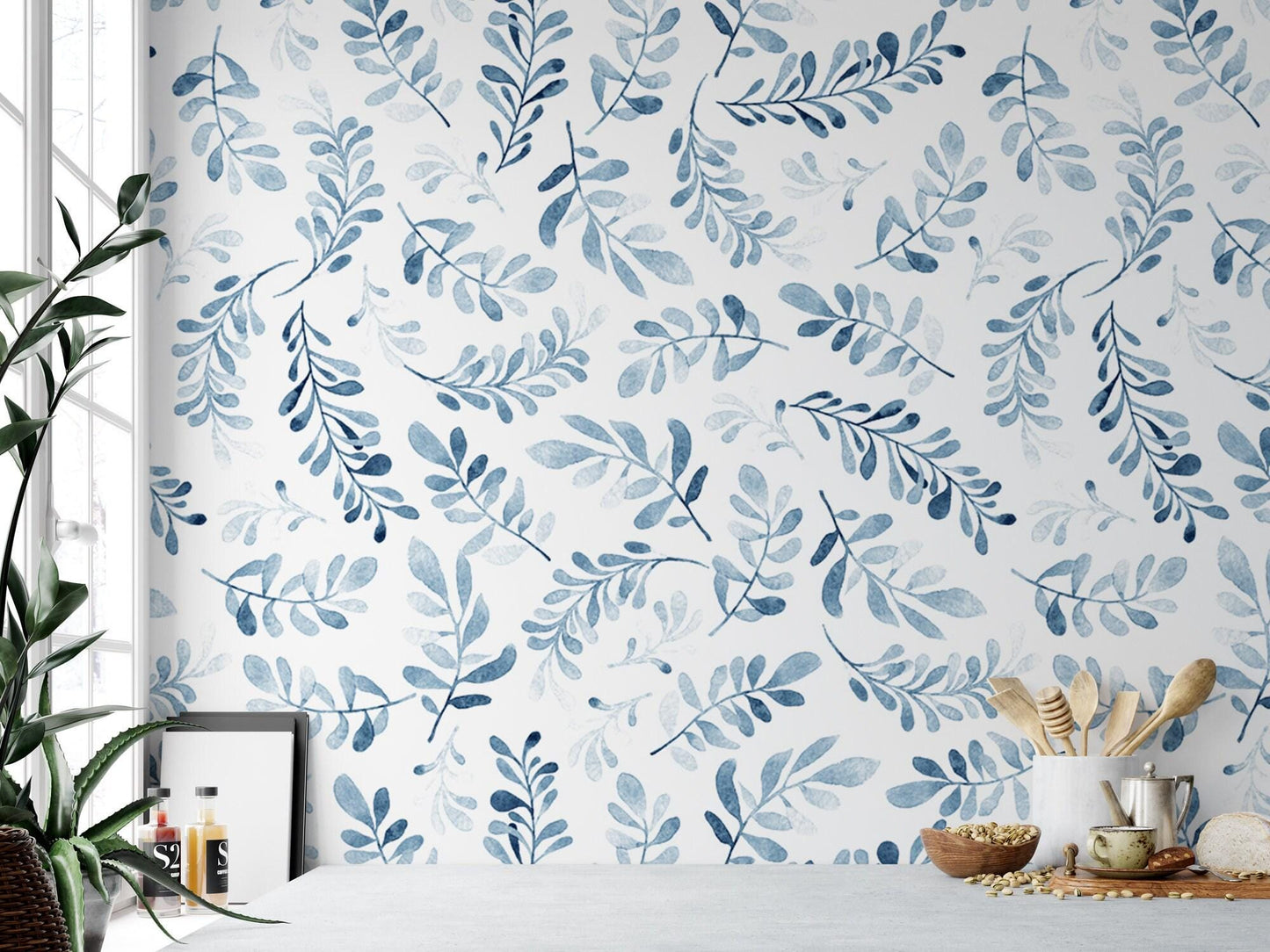 Blue Branches on White Wallpaper MW1213