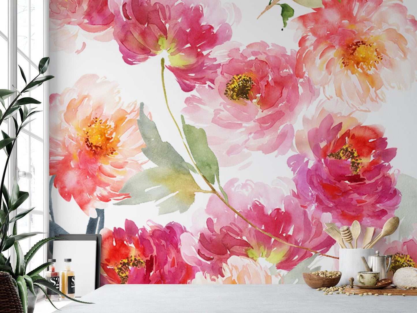 Blushing Pink Orange Floral Wallpaper MW1128