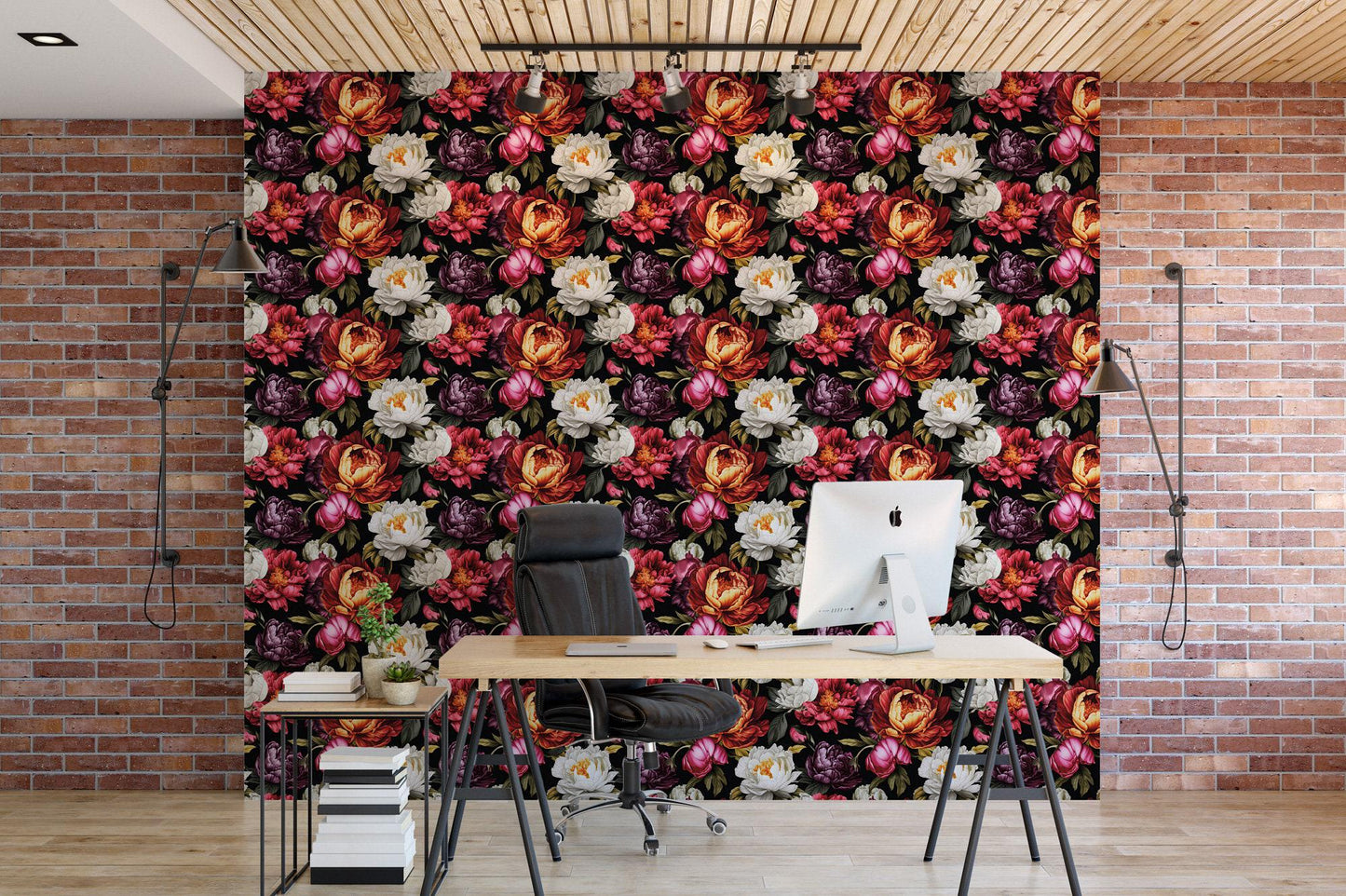 Bold Floral Peonies on Black Wallpaper MW1949sm