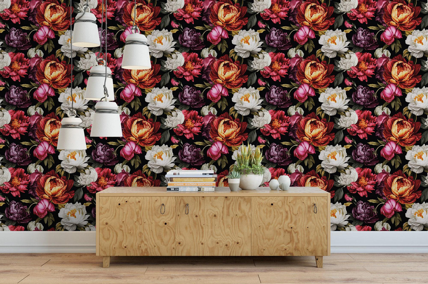 Bold Floral Peonies on Black Wallpaper MW1949sm