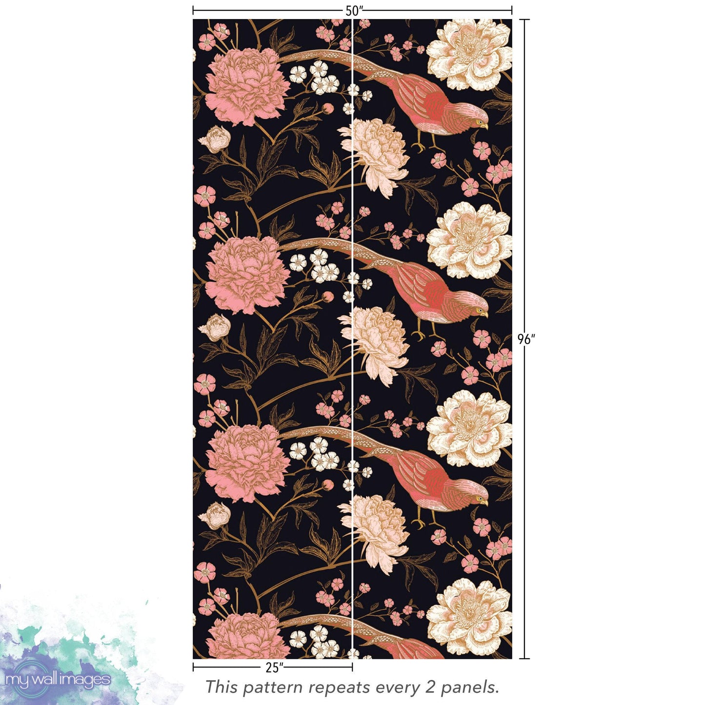 Pheasants Peonies on Black Wallpaper MW1474