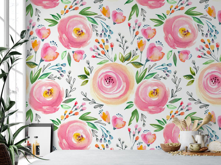 Watercolor Pink Floral Wallpaper MW1048