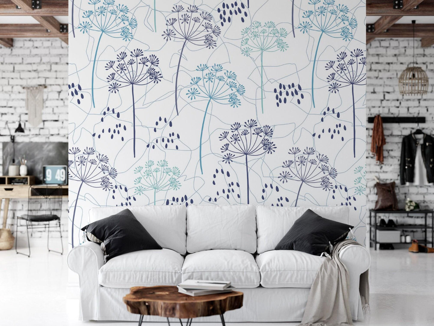 Blue Purple Dainty Flowers on White Wallpaper MW1437