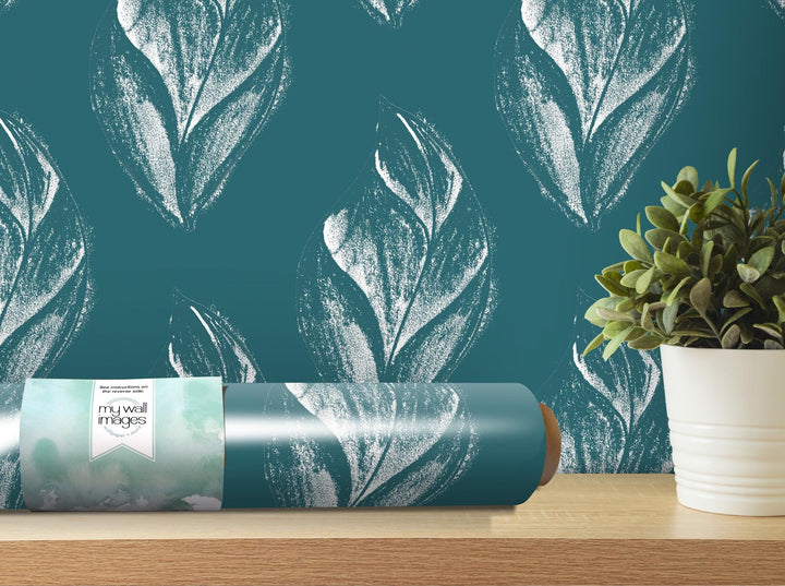 Weathered Teal Artsy Leaves Removable Wallpaper, Wall Art, Peel and Stick Wallpaper, Wall Decor, Accent Wall, Bathroom Decor, MW2082