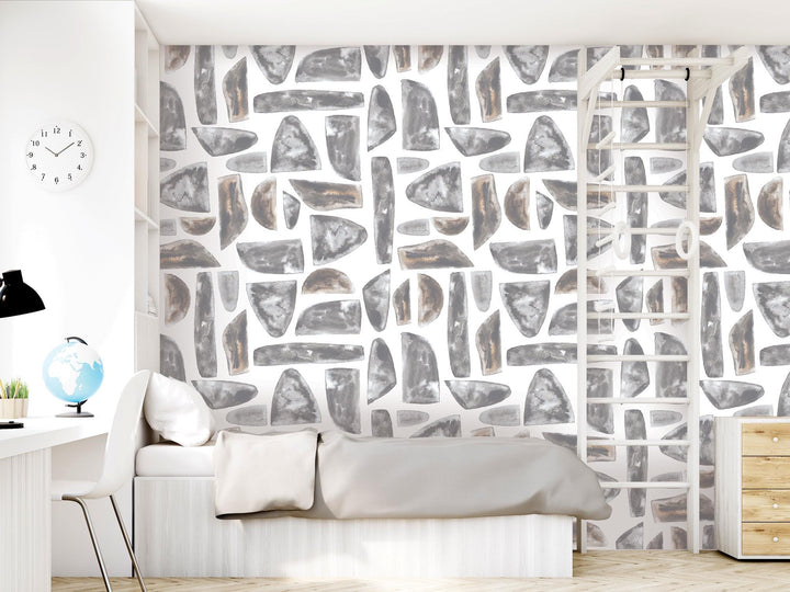 Boho Warm Gray Mosaic Stones Removable Wallpaper, Wall Art, Peel and Stick Wallpaper, Wall Decor, Accent Wall, Watercolor, Modern, MW2034