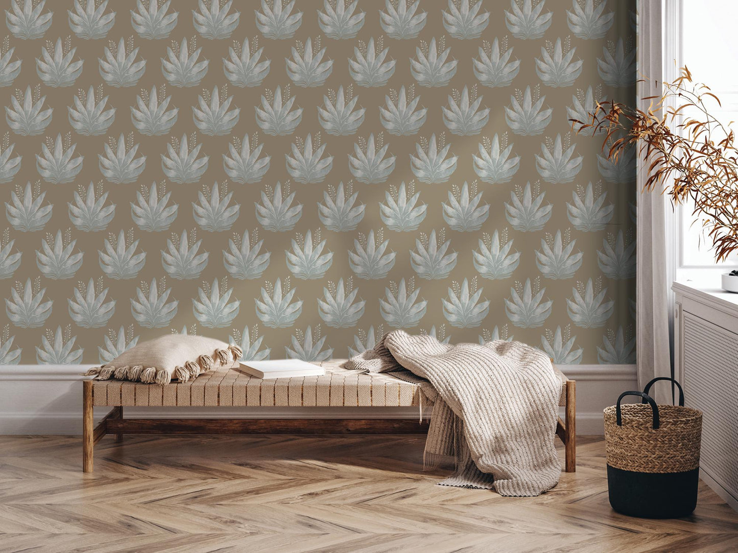 Watercolor Fleur Tan Blue Removable Wallpaper, Wall Art, Peel and Stick Wallpaper, Wall Decor, Accent Wall, Teen Room, Trendy Teen, MW1982