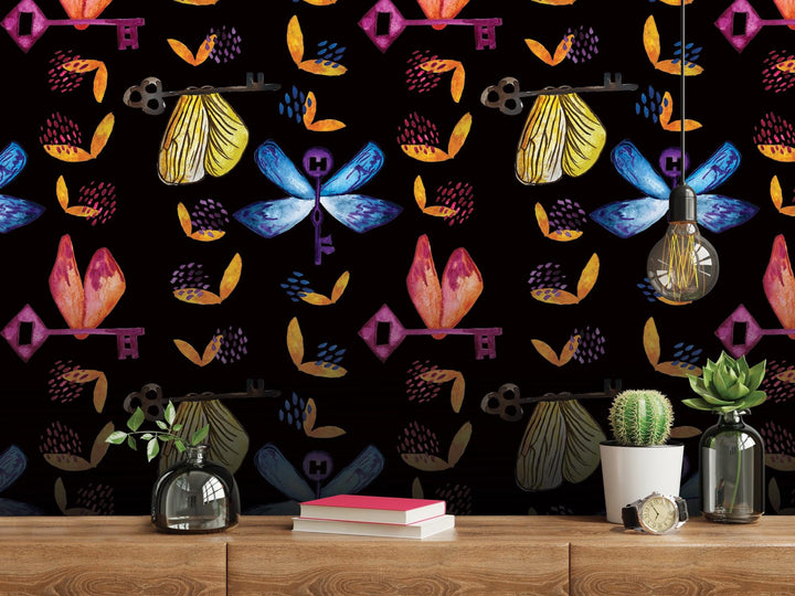 Colorful Potter Flying Keys Black Removable Wallpaper, Wall Art, Peel and Stick Wallpaper, Wall Decor, Harry Pottery, Kids Room, Art MW2043