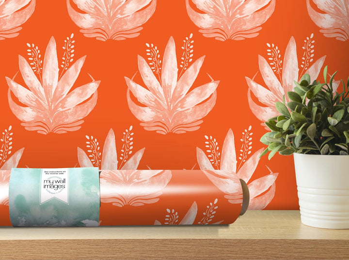 Watercolor Fleur Orange Removable Wallpaper, Wall Art, Peel and Stick Wallpaper, Wall Decor, Accent Wall, Teen Room, Trendy Teen, MW1986