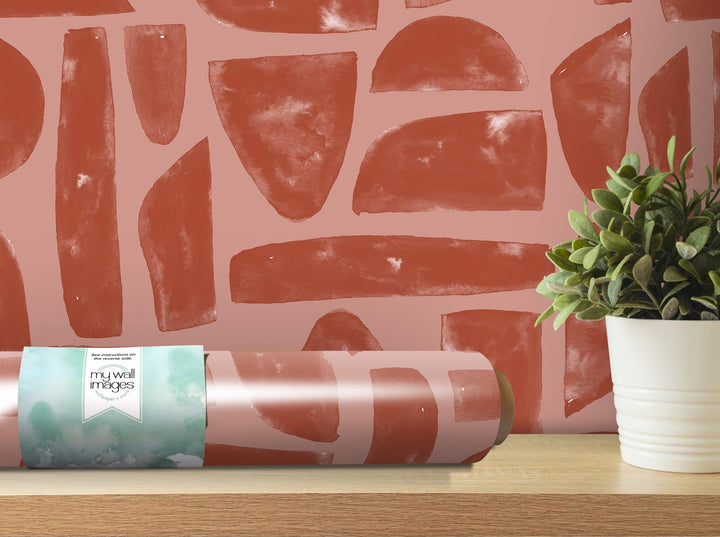 Boho Rust Clay Mosaic Stones Removable Wallpaper, Wall Art, Peel and Stick Wallpaper, Wall Decor, Accent Wall, Watercolor, Modern, MW2026