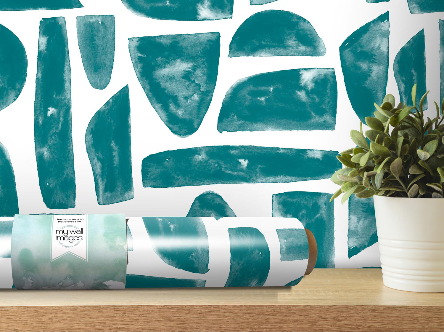 Boho Teal Blue Mosaic Stones Removable Wallpaper, Wall Art, Peel and Stick Wallpaper, Wall Decor, Accent Wall, Watercolor, Modern, MW2038