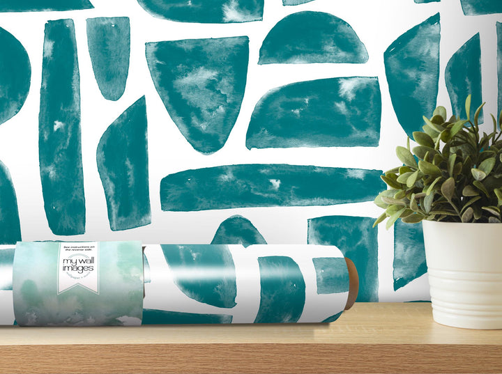 Boho Teal Blue Mosaic Stones Removable Wallpaper, Wall Art, Peel and Stick Wallpaper, Wall Decor, Accent Wall, Watercolor, Modern, MW2038