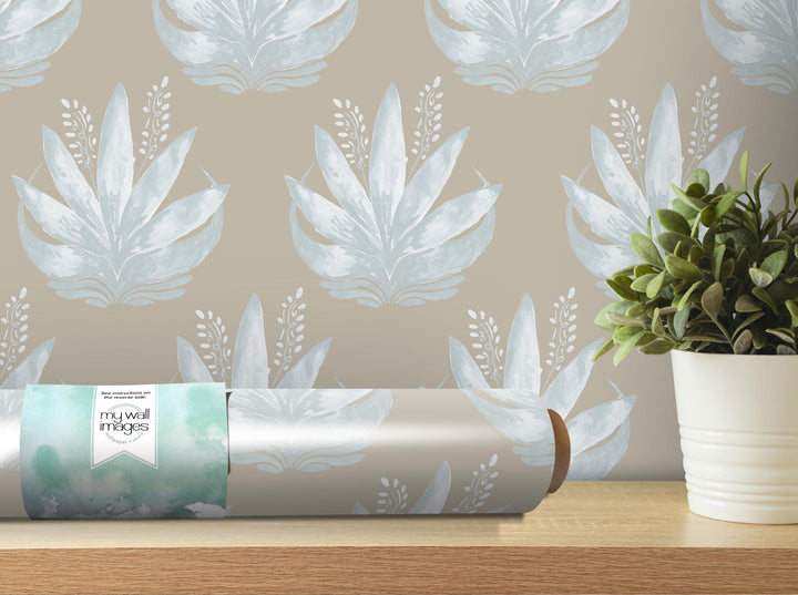 Watercolor Fleur Beige Blue White Removable Wallpaper, Wall Art, Peel and Stick Wallpaper, Wall Decor, Accent Wall, MW1983