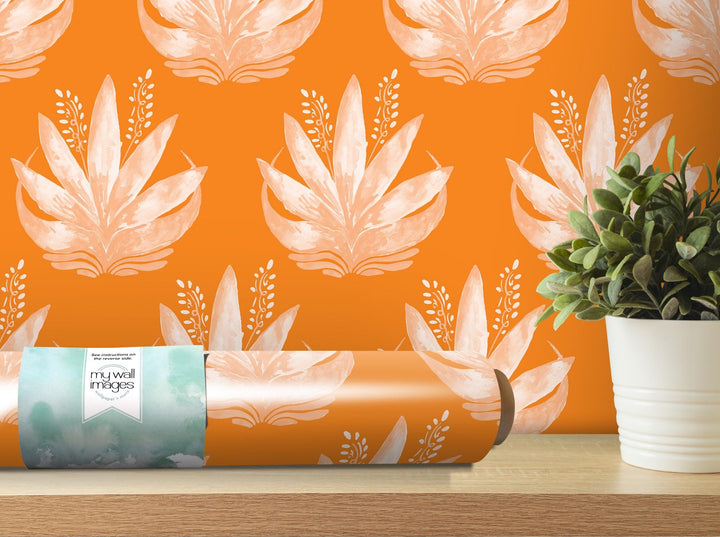 Watercolor Fleur Bright Orange Removable Wallpaper, Wall Art, Peel and Stick Wallpaper, Wall Decor, Accent Wall, Teen Room, Trendy MW1986