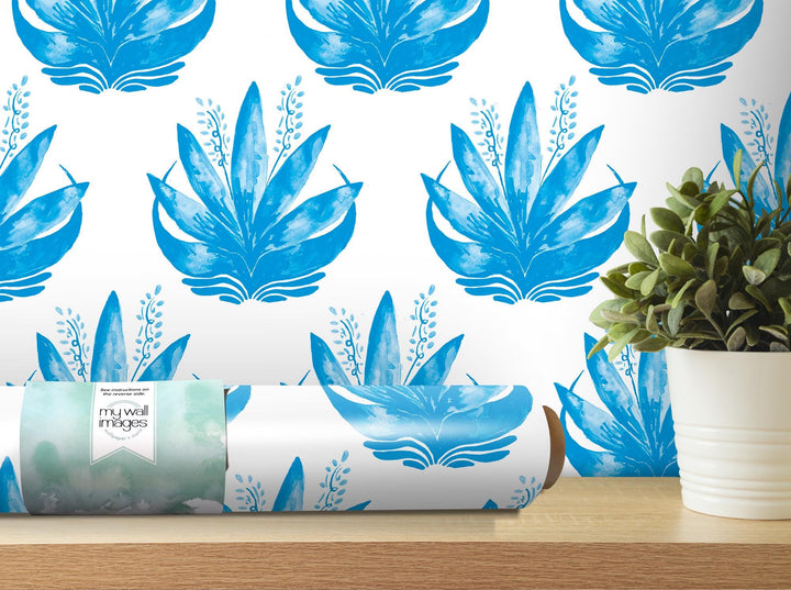 Watercolor Fleur Bright Blue Removable Wallpaper, Wall Art, Peel and Stick Wallpaper, Wall Decor, Accent Wall, Teen Room, Trendy Teen MW1974