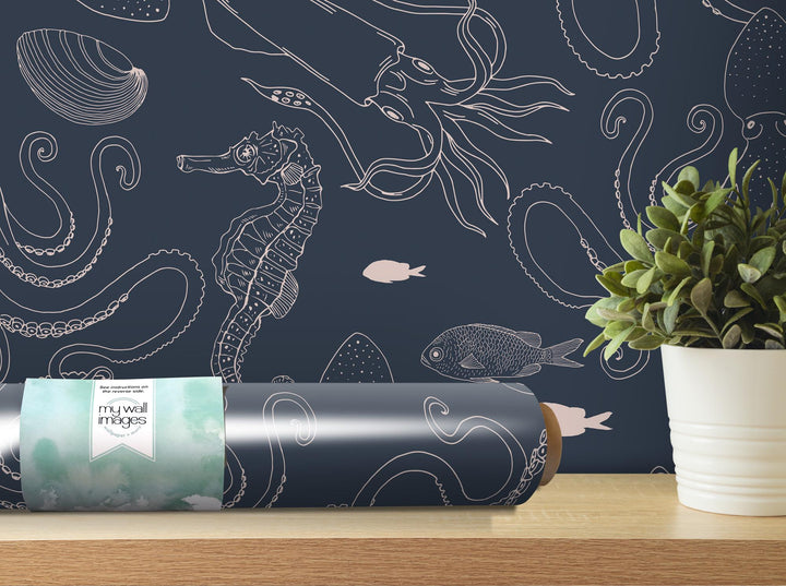 a blue wallpaper with a sea horse and fish pattern