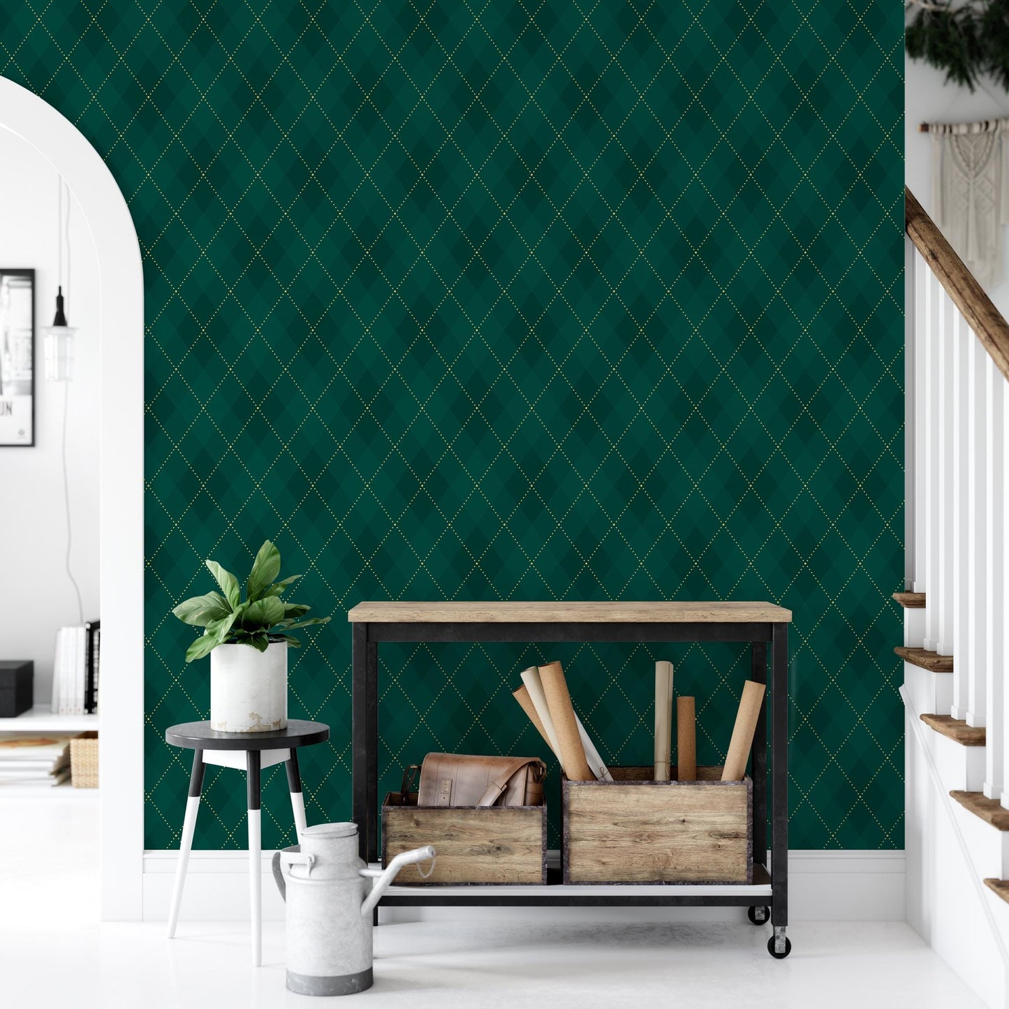 a room with a green wall and a book shelf