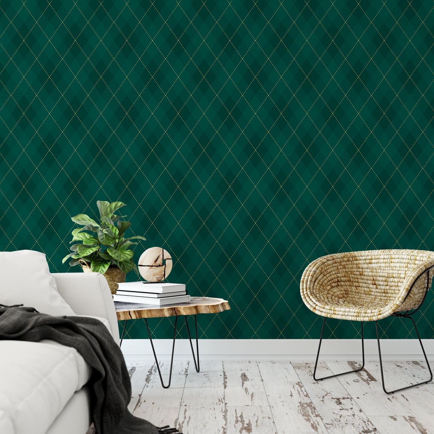 a living room with a white couch and a green wall