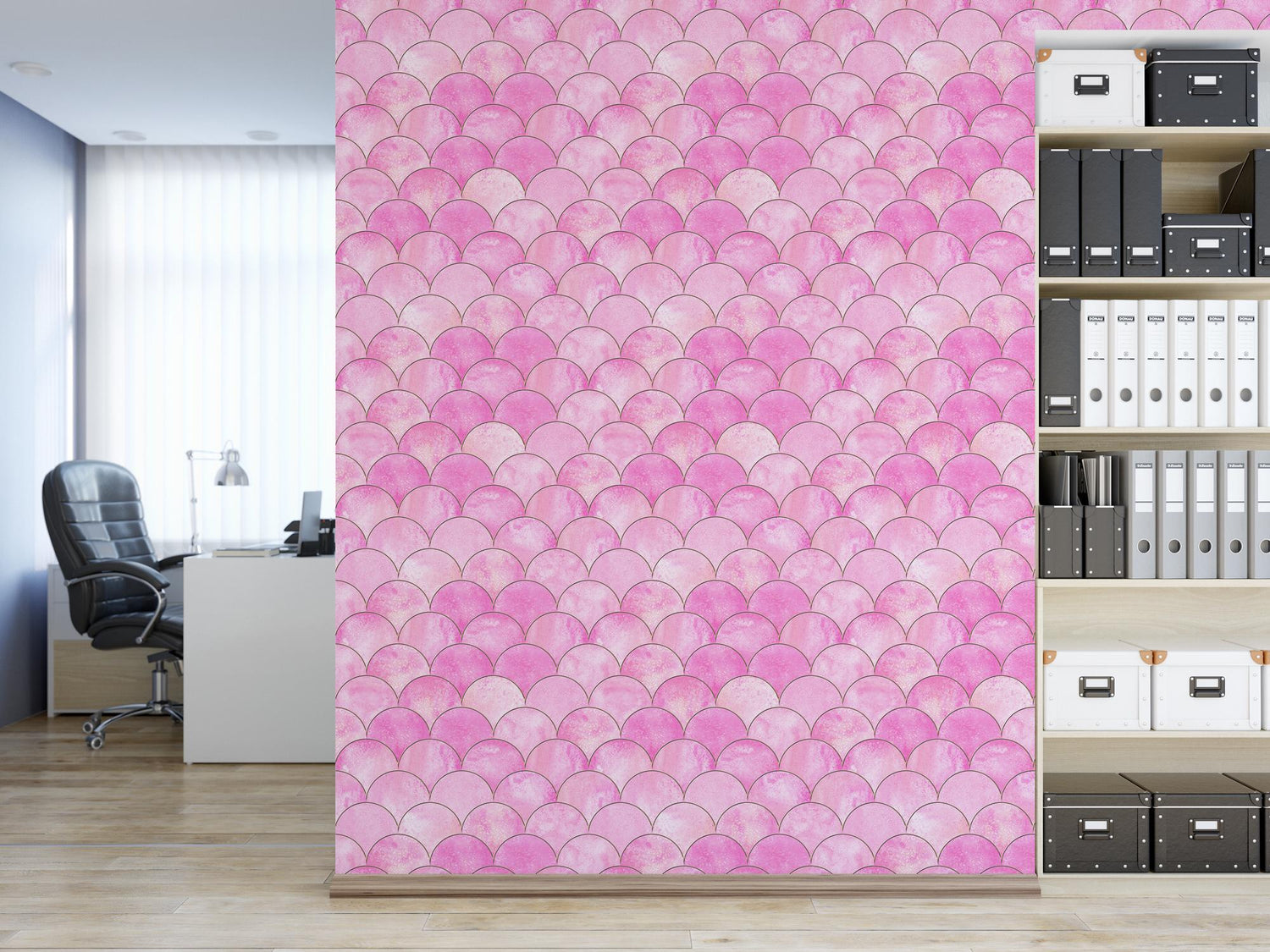 a room with a book shelf and a pink wallpaper