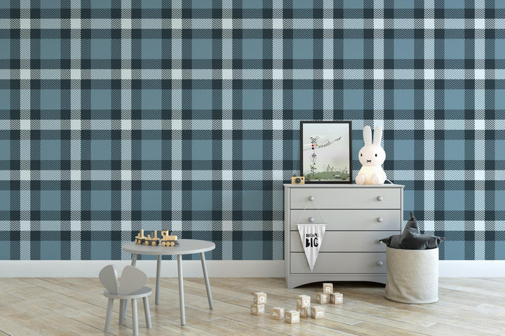a blue and white plaid wallpaper in a child's room