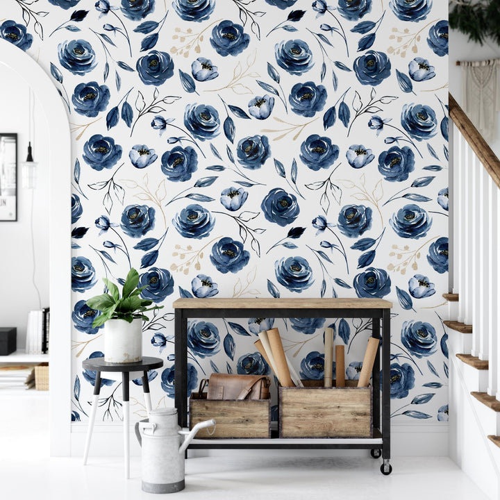 a blue flowered wallpaper in a white room