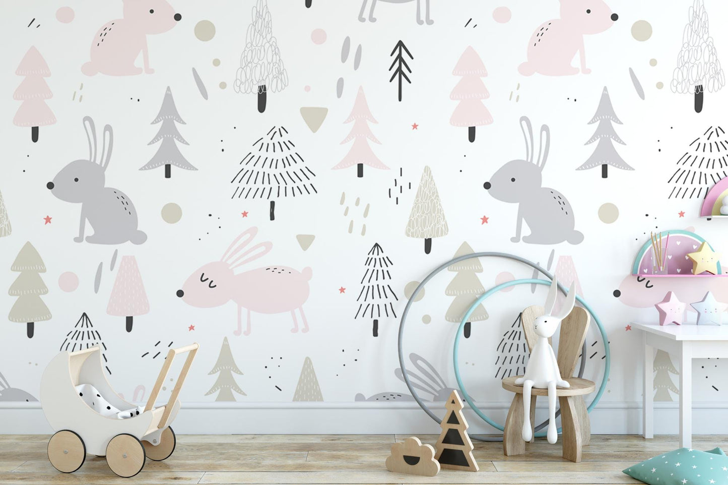 a child's room with a wallpaper with animals and trees