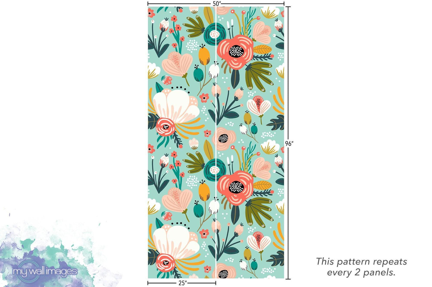 Large Peach and Teal Floral Wallpaper MW1216