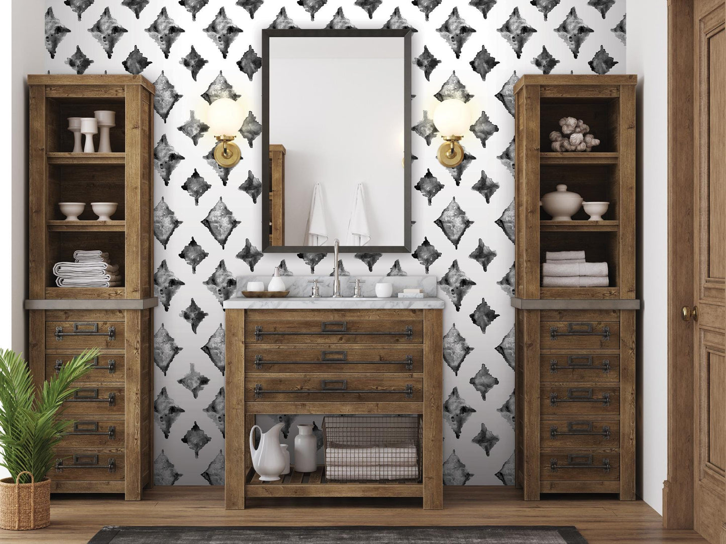 a bathroom with a wooden cabinet and a mirror