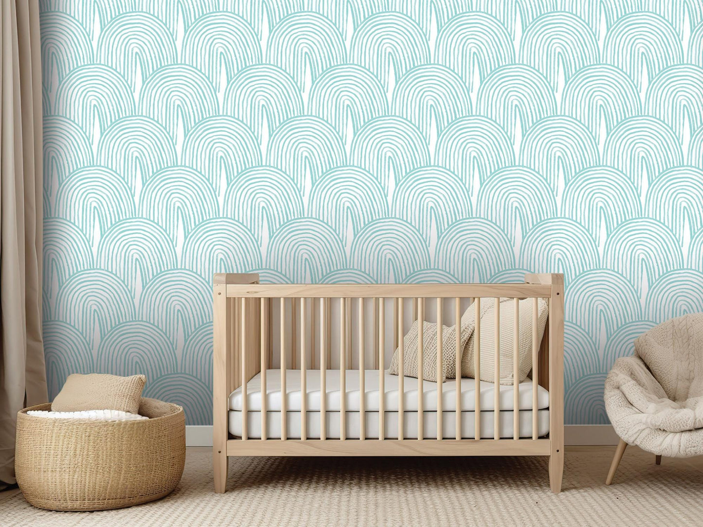 Turquoise Boho Watercolor Rainbow Removable Wallpaper, Wall Art, Peel and Stick Wallpaper, Wall Decor, Nursery, Kids Room, Modern, MW2124