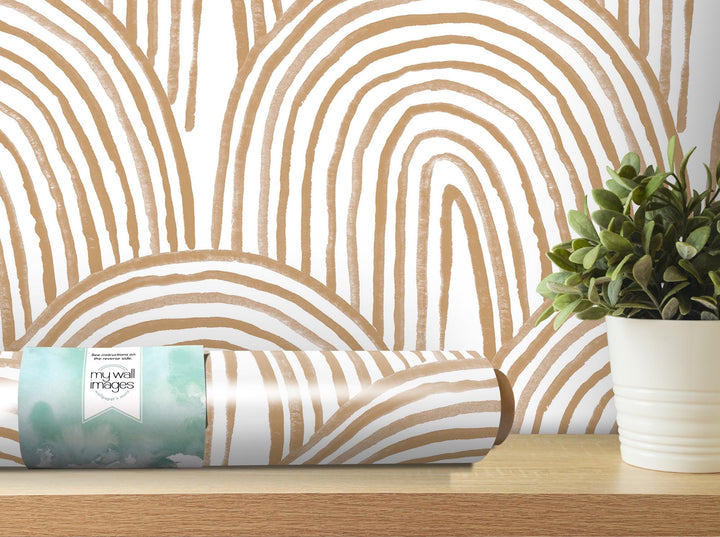 Tan Boho Watercolor Rainbow Removable Wallpaper, Wall Art, Peel and Stick Wallpaper, Wall Decor, Accent Wall, Living Room, Modern Art MW2126