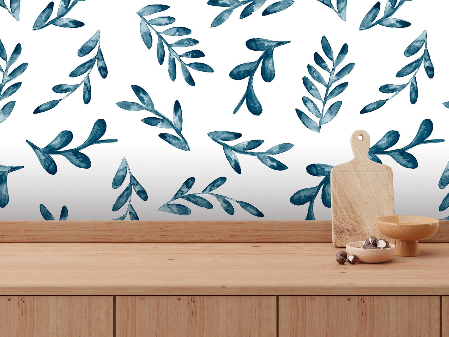 Floating Navy Watercolor Leaves Removable Wallpaper, Wall Art, Peel and Stick Wallpaper, Wall Decor, Accent Wall, Kitchen, Bathroom MW2018
