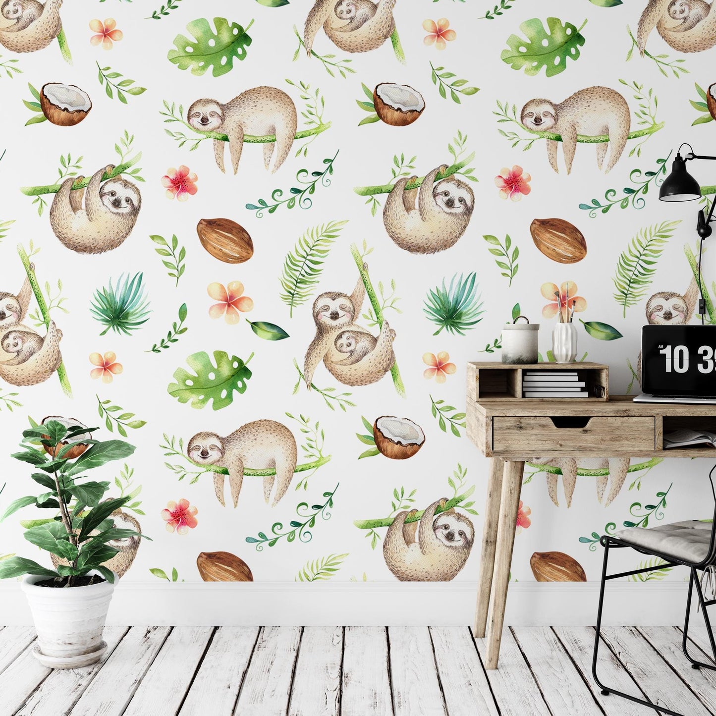 a wall with a sloth and leaves on it
