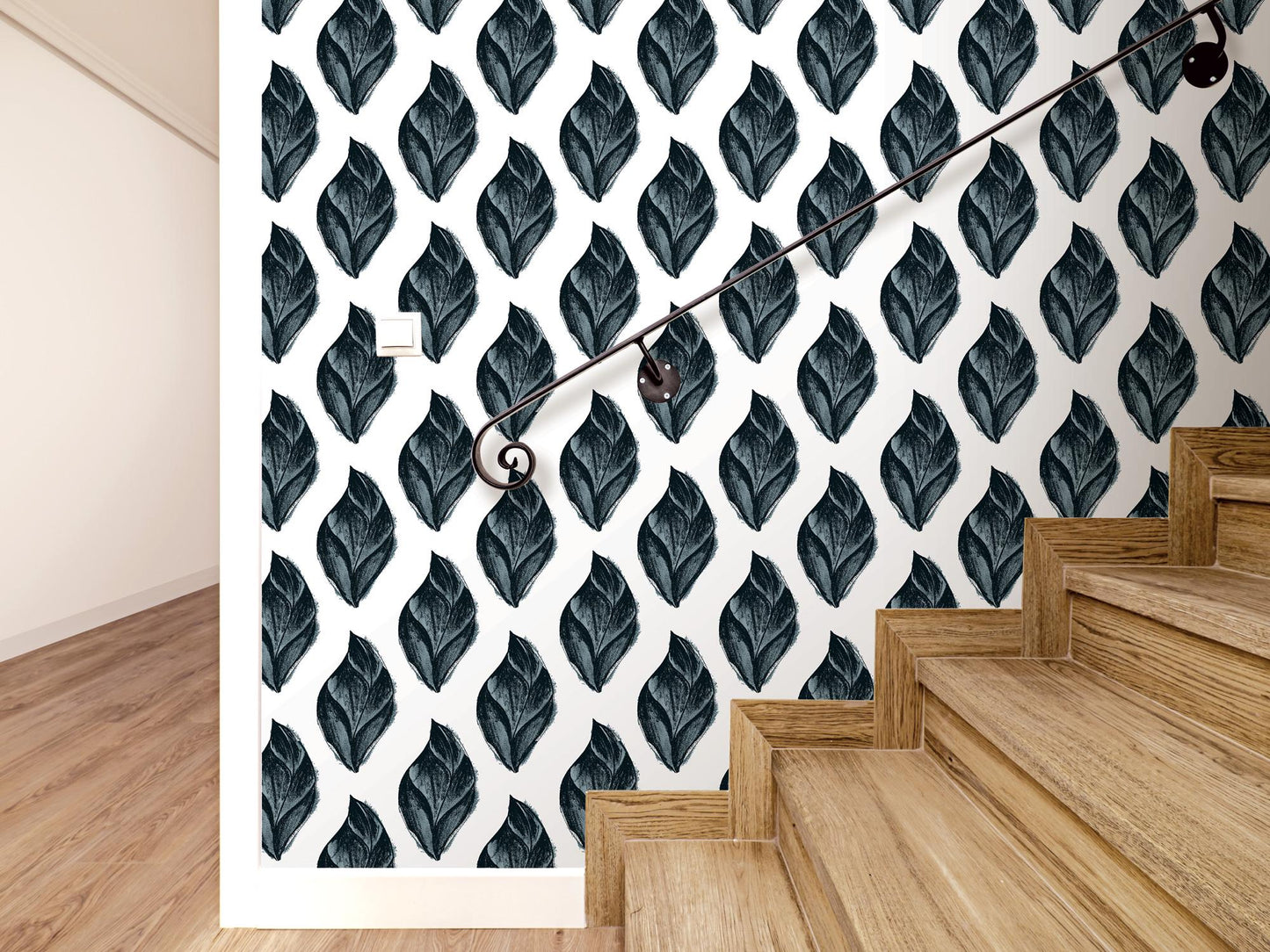 Midnight Blue Artsy Charcoal Leaves Removable Wallpaper, Wall Art, Peel and Stick Wallpaper, Wall Decor, Accent Wall, Office Decor, MW2091