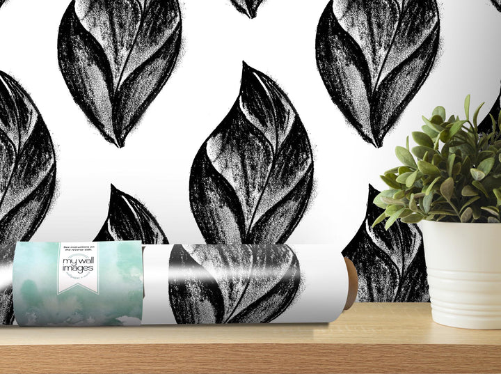 Black Artsy Charcoal Leaves Removable Wallpaper, Wall Art, Peel and Stick Wallpaper, Wall Decor, Accent Wall, Office Decor, Bedroom, MW2079