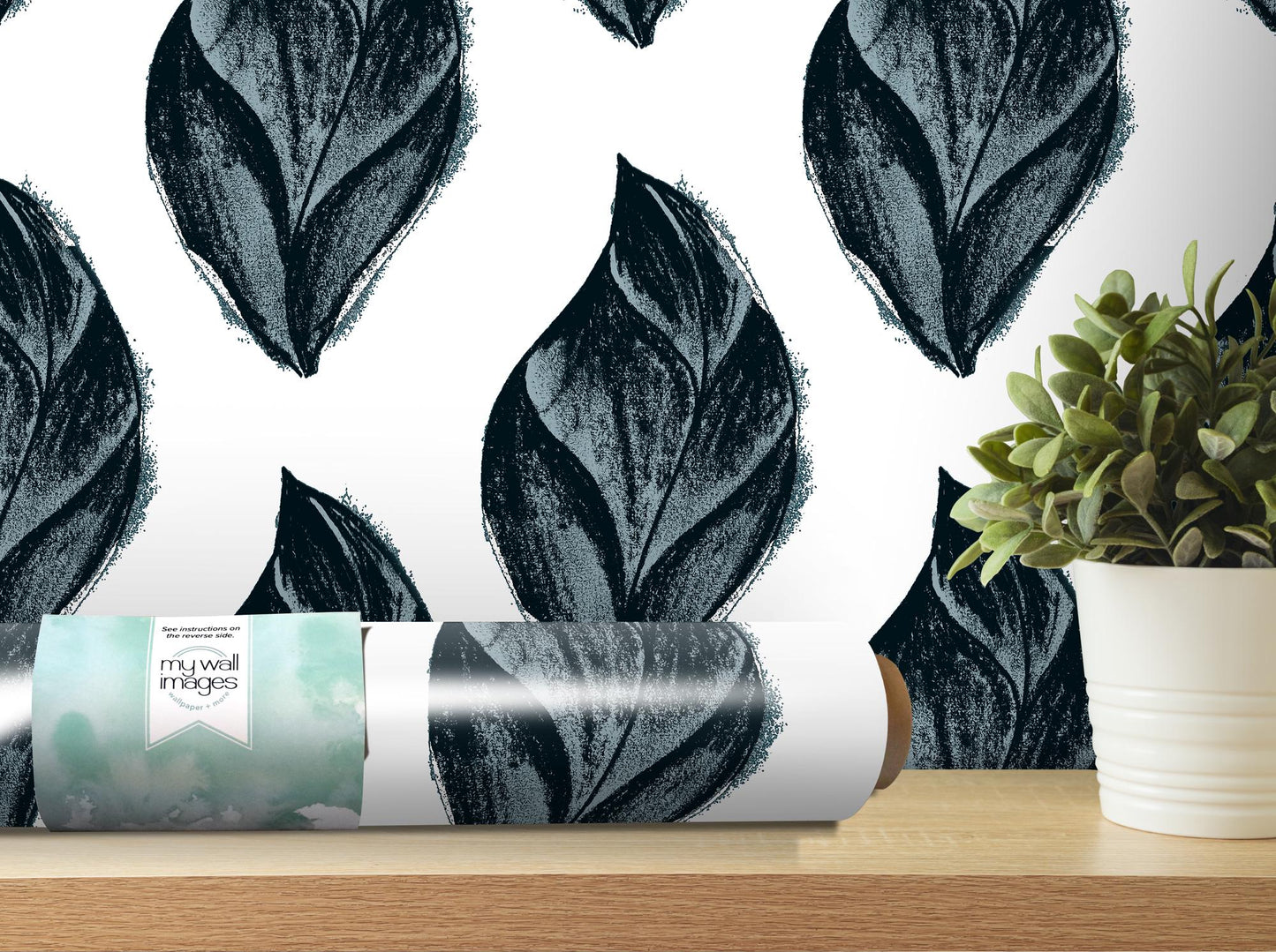 Midnight Blue Artsy Charcoal Leaves Removable Wallpaper, Wall Art, Peel and Stick Wallpaper, Wall Decor, Accent Wall, Office Decor, MW2091