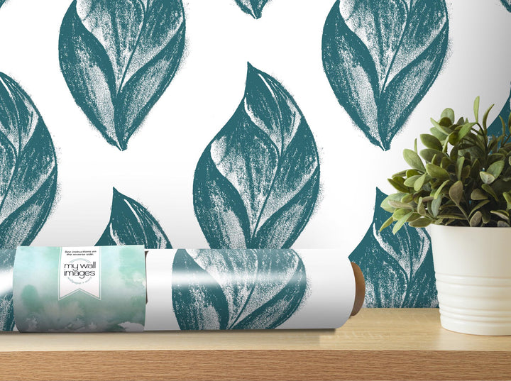 Teal Artsy Charcoal Leaves Removable Wallpaper, Wall Art, Peel and Stick Wallpaper, Wall Decor, Accent Wall, Nursery Decor, Bedroom, MW2081