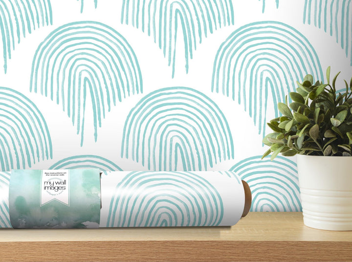 Turquoise Boho Floating Rainbow Removable Wallpaper, Wall Art, Peel and Stick Wallpaper, Wall Decor, Teen Room, Kids Room, Modern, MW2113