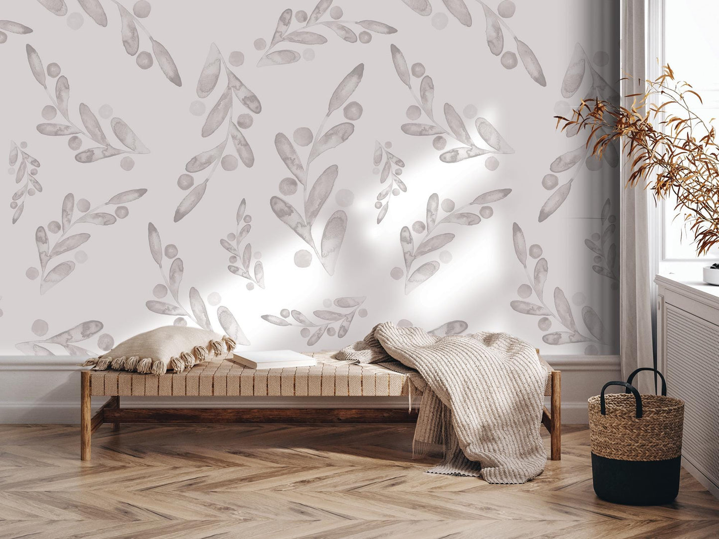 a room with a bed and a plant in it