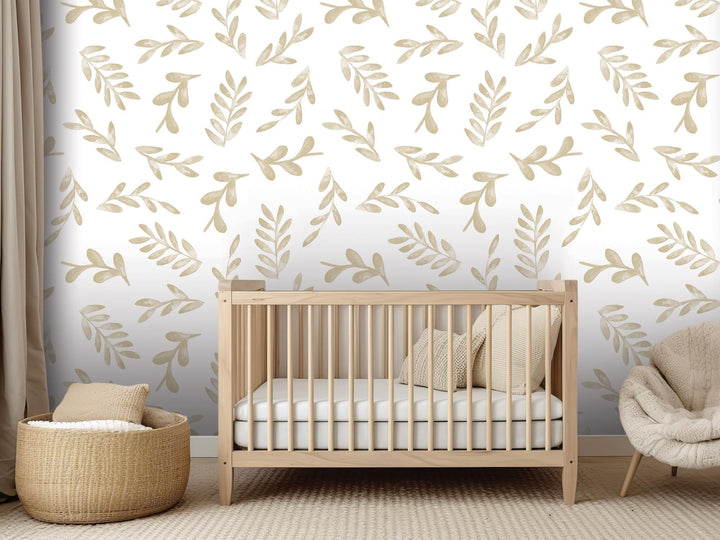 Floating Beige Tan Watercolor Leaves Removable Wallpaper, Wall Art, Peel and Stick Wallpaper, Wall Decor, Accent, Nursery, Bathroom, MW2021