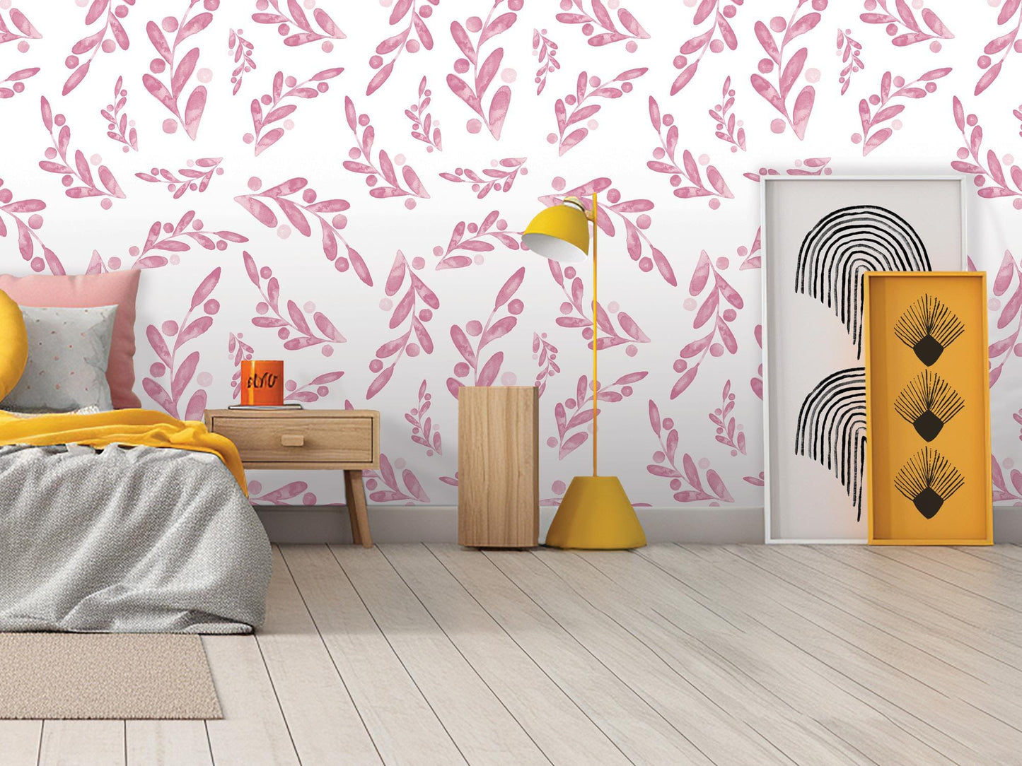 a bedroom with a bed, nightstand, and wallpaper