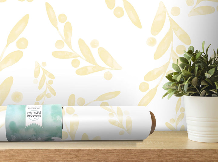 Yellow Watercolor Dancing Leaves on White Removable Wallpaper, Wall Art, Peel and Stick Wallpaper, Wall Decor, Accent Wall, MW2012