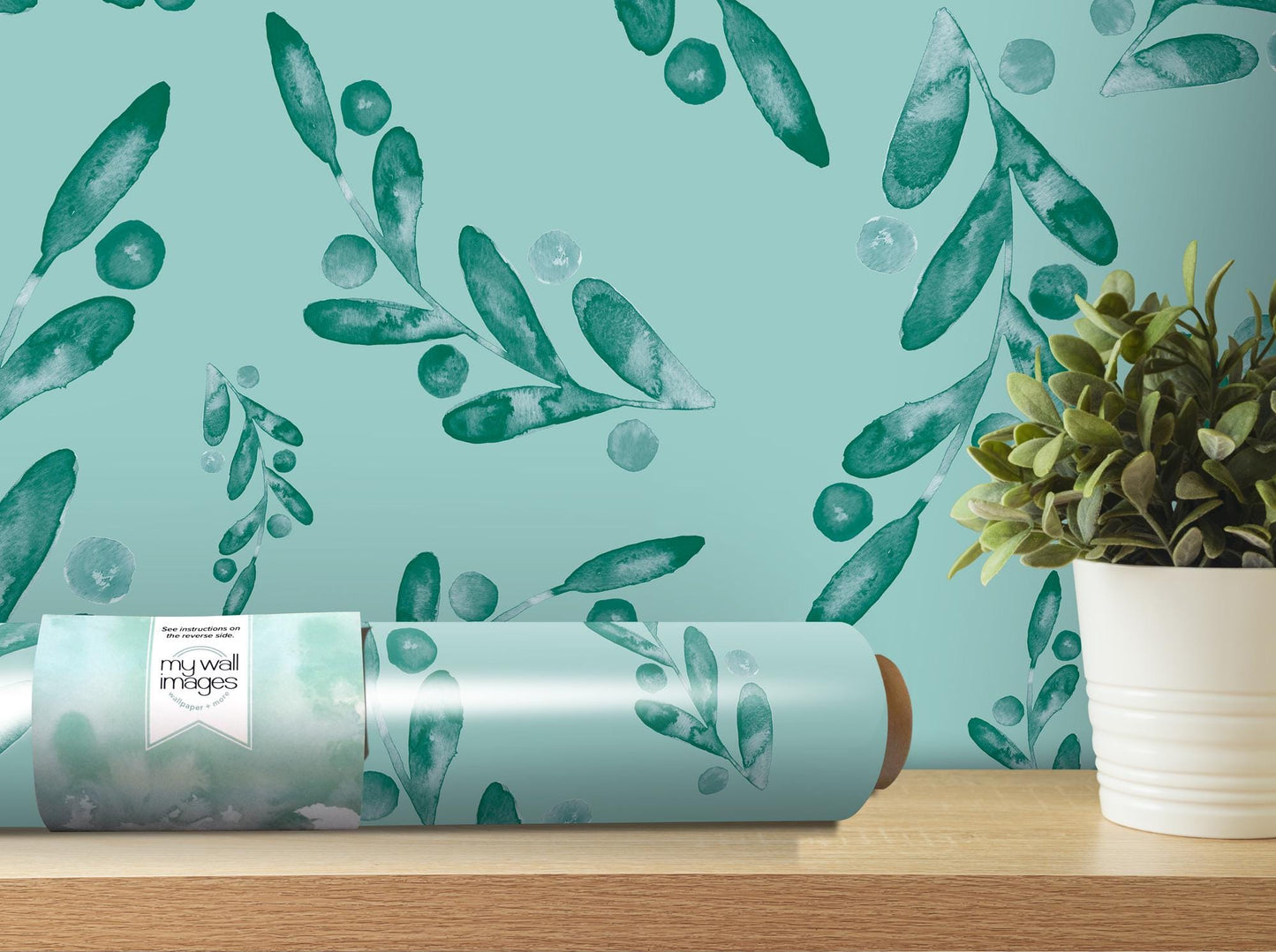 Green Turquoise Watercolor Dancing Leaves Removable Wallpaper, Wall Art, Peel and Stick Wallpaper, Wall Decor, Accent Wall, Modern, MW2010