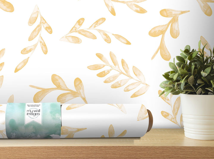 Floating Yellow Watercolor Leaves Removable Wallpaper, Wall Art, Peel and Stick Wallpaper, Wall Decor, Accent, Nursery, Bathroom, MW2020