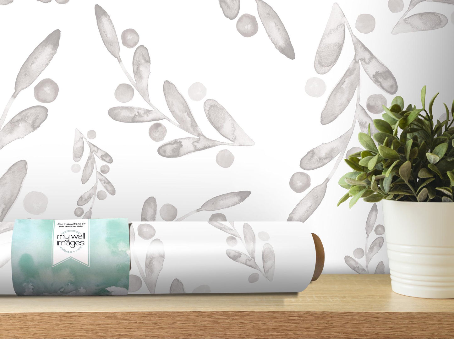 Neutral Dancing Leaves Berries Removable Wallpaper, Wall Art, Peel and Stick Wallpaper, Wall Decor, Accent Wall, Modern Decor, MW2002