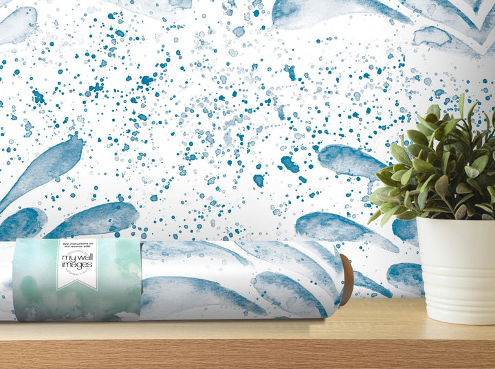 Blue Splashy Watercolor Fleur Removable Wallpaper, Wall Art, Peel and Stick Wallpaper, Wall Decor, Accent, Nursery, Teen, Kids Room, MW2097